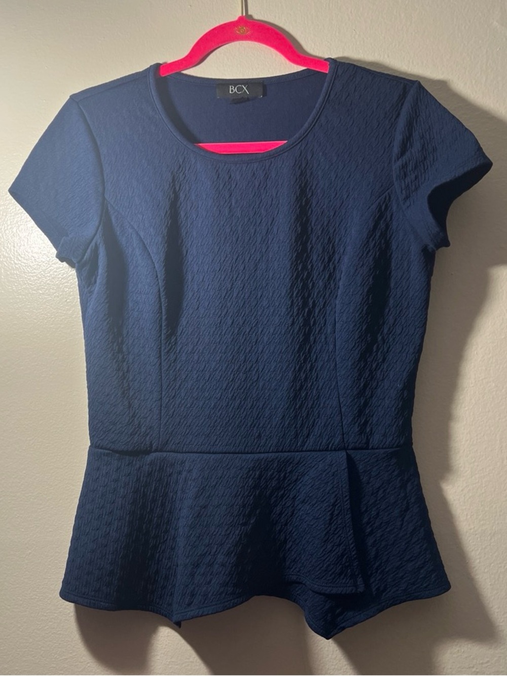 BCX Navy Textured Short Sleeve Peplum Top